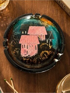 Vintage Mid Century SASCHA BRASTOFF 7" Round Ceramic Ashtray MCM Houses Pottery